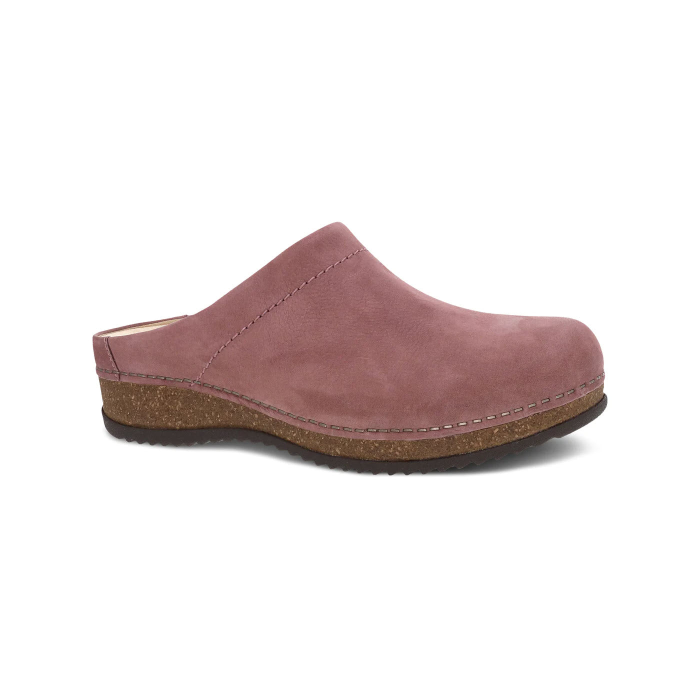 A single, pinkish-tan Dansko Mariella Rose clog with a cork sole and simple support slides against a white background.