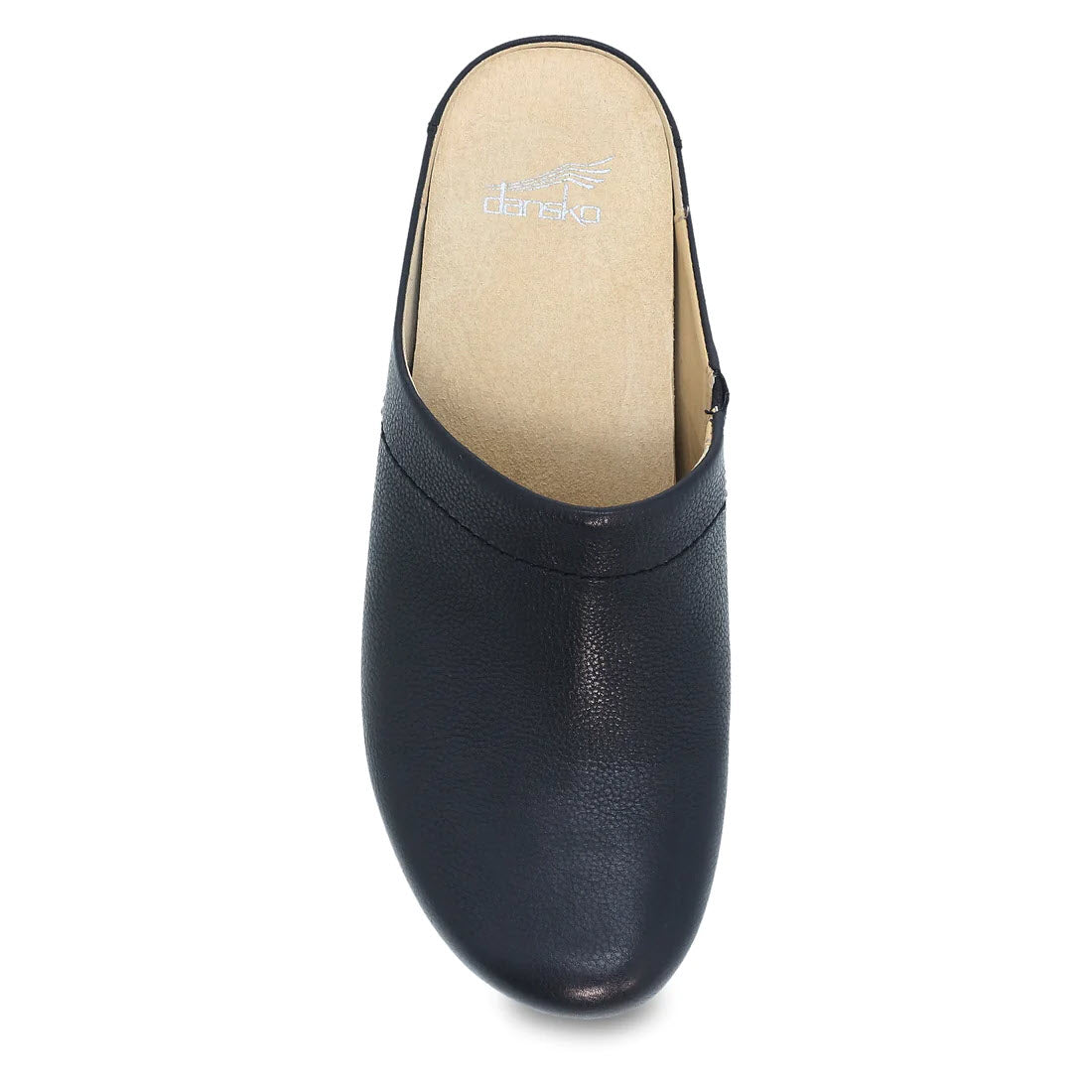 Dansko Mariella black leather open back clog viewed from above.
