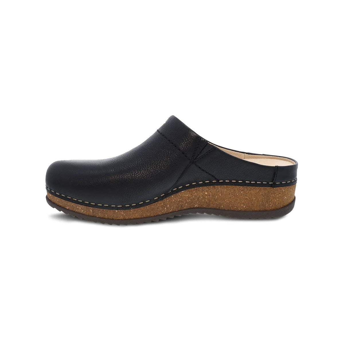 Dansko Mariella Black - Womens open back clog with cork sole isolated on a white background.