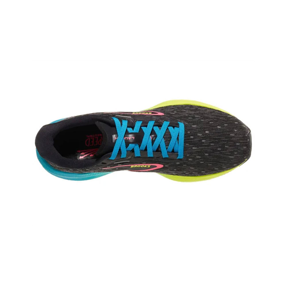 Top view of the Brooks Launch 10 Black/Nightlife/Blue - Womens, a versatile training shoe with bright blue laces and accents, featuring a black textile upper and a lime green sole.