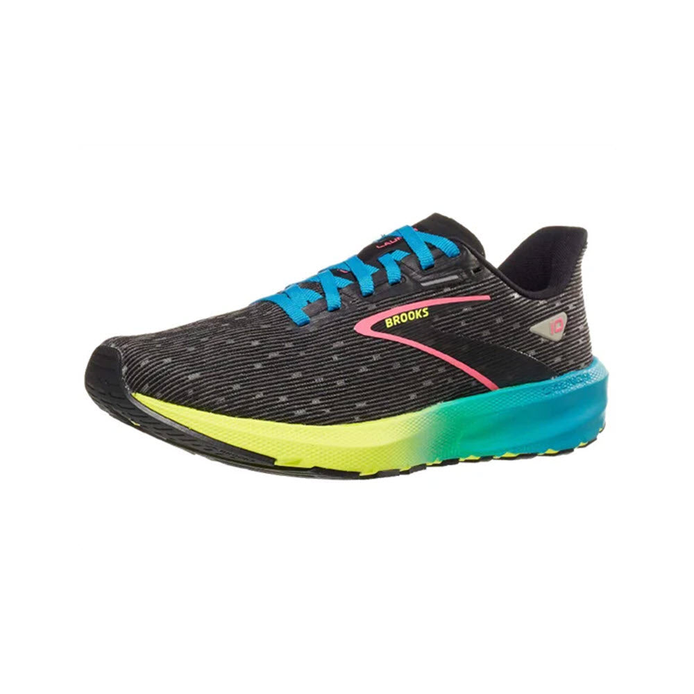 A black Brooks Launch 10, a versatile training shoe with blue and neon yellow accents on a white background.