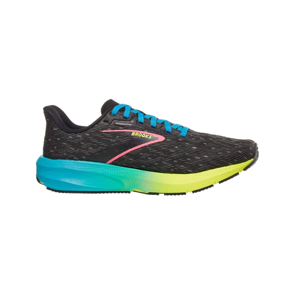 A side view of a Brooks Launch 10 running shoe featuring a black upper, blue midsole, and neon green accents. This versatile training shoe is designed for runners who appreciate lightweight support.