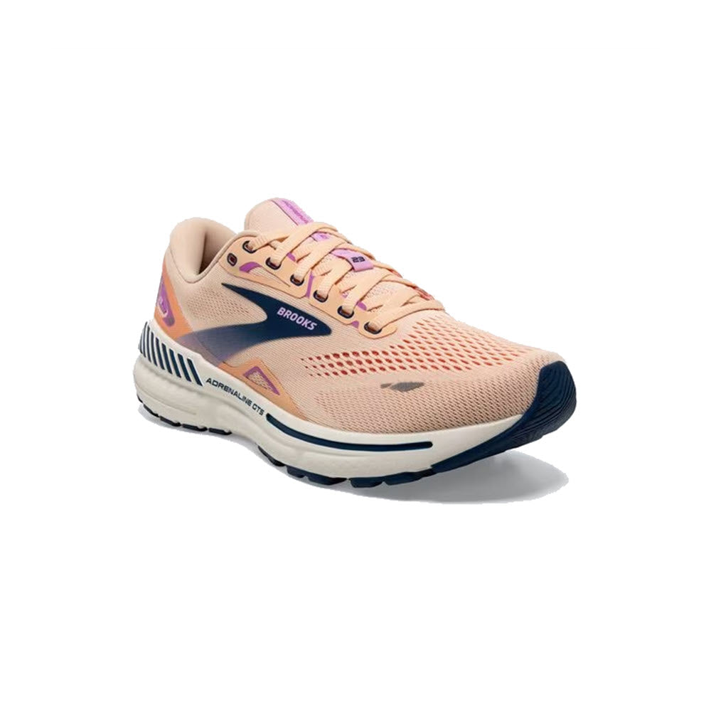A single women&#39;s Brooks Adrenaline GTS 23 apricot and blue orchid stability running shoe displayed against a white background.