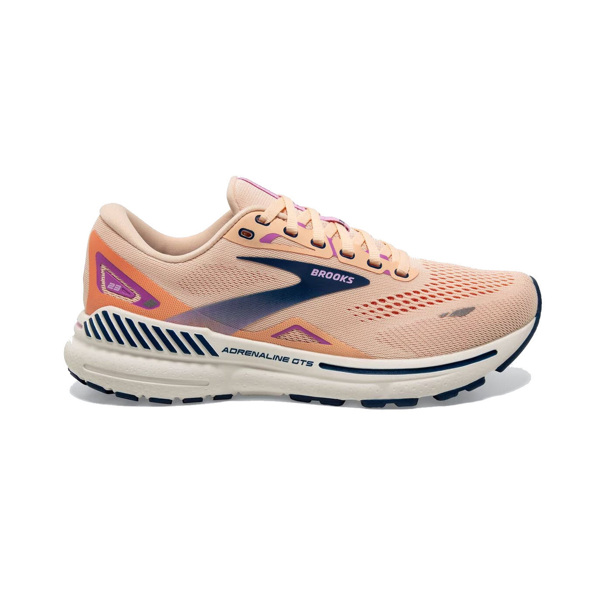 A single apricot and blue-colored women&#39;s Brooks Adrenaline GTS 23 stability running shoe against a white background.