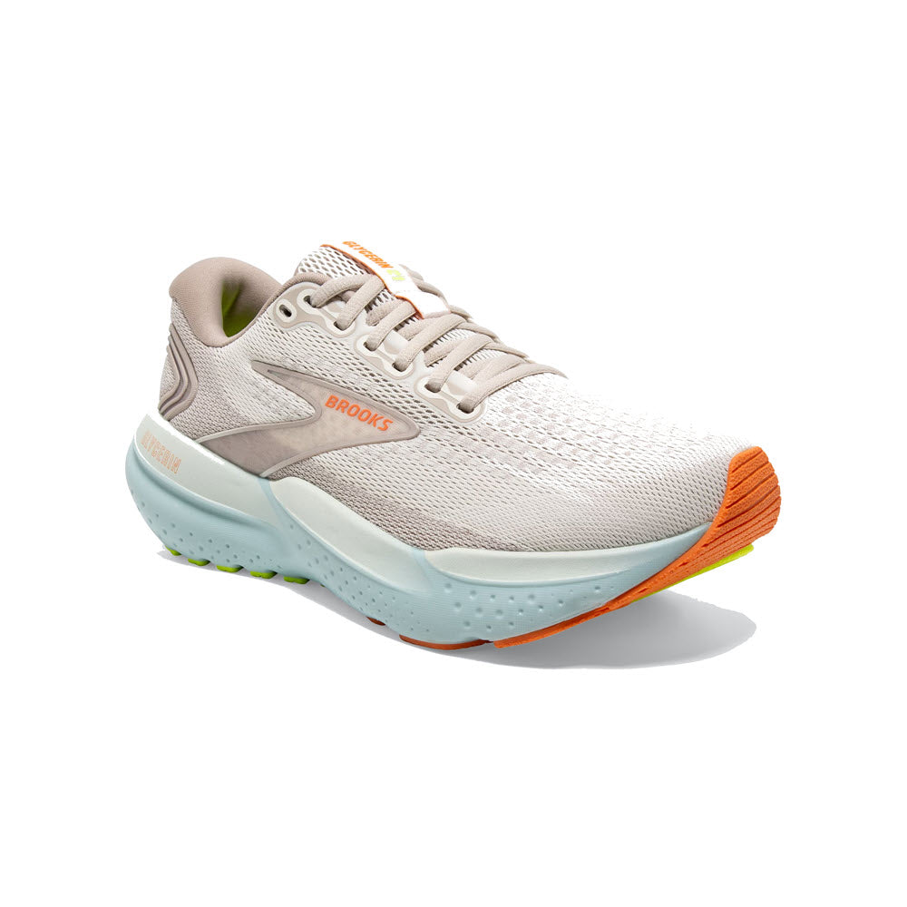 A Brooks Glycerin 21 Coconut/Aqua women&#39;s running shoe with a white upper, light blue sole, and orange tread, displayed on a white background.