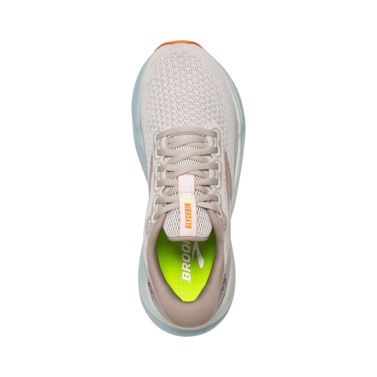 Top view of a single Brooks Glycerin 21 Coconut/Aqua women&#39;s running shoe with white laces and a visible neon green insole, featuring DNA LOFT v3 cushioning.