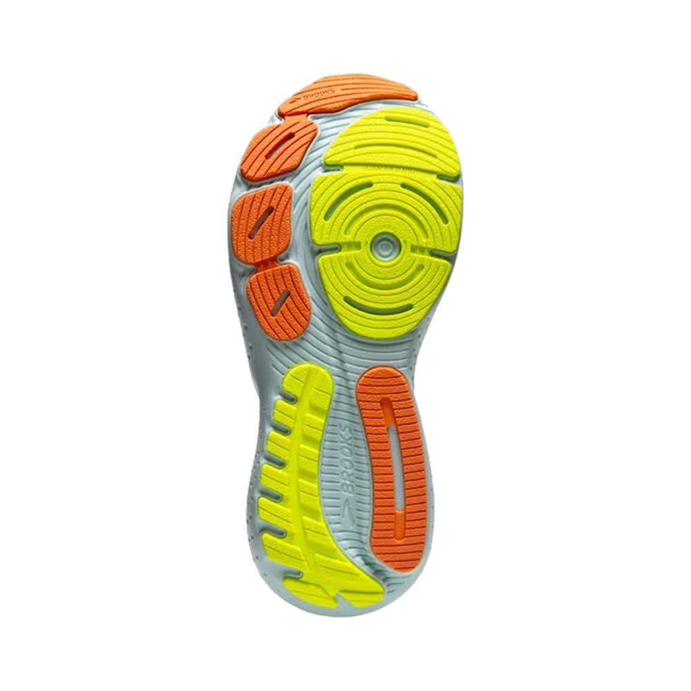 Bottom view of a Brooks Glycerin 21 Coconut/Aqua - Women&#39;s running shoe sole featuring a colorful tread design in orange, yellow, and gray.