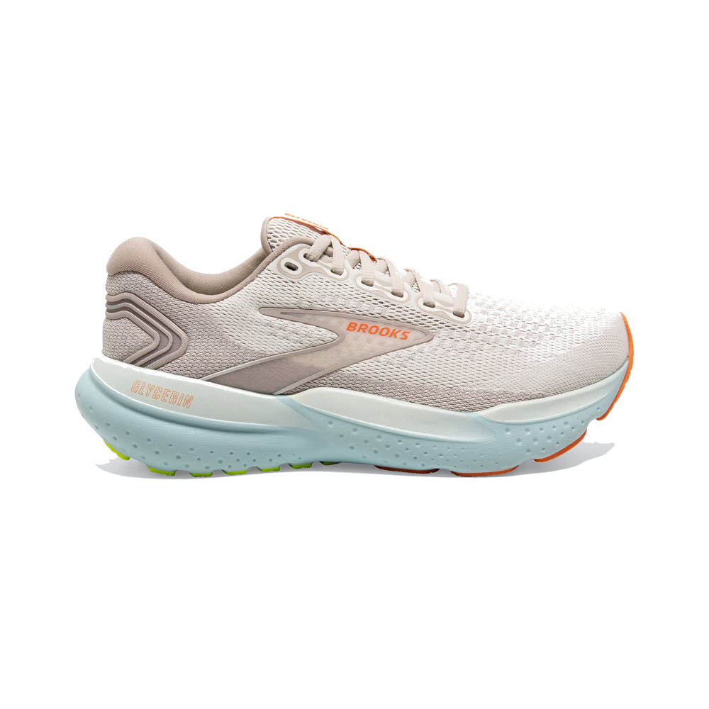 A women's Brooks Glyercin 21 Coconut/Aqua running shoe with white mesh upper, light blue and orange sole, featuring DNA LOFT v3 cushioning and the Brooks logo on the side.