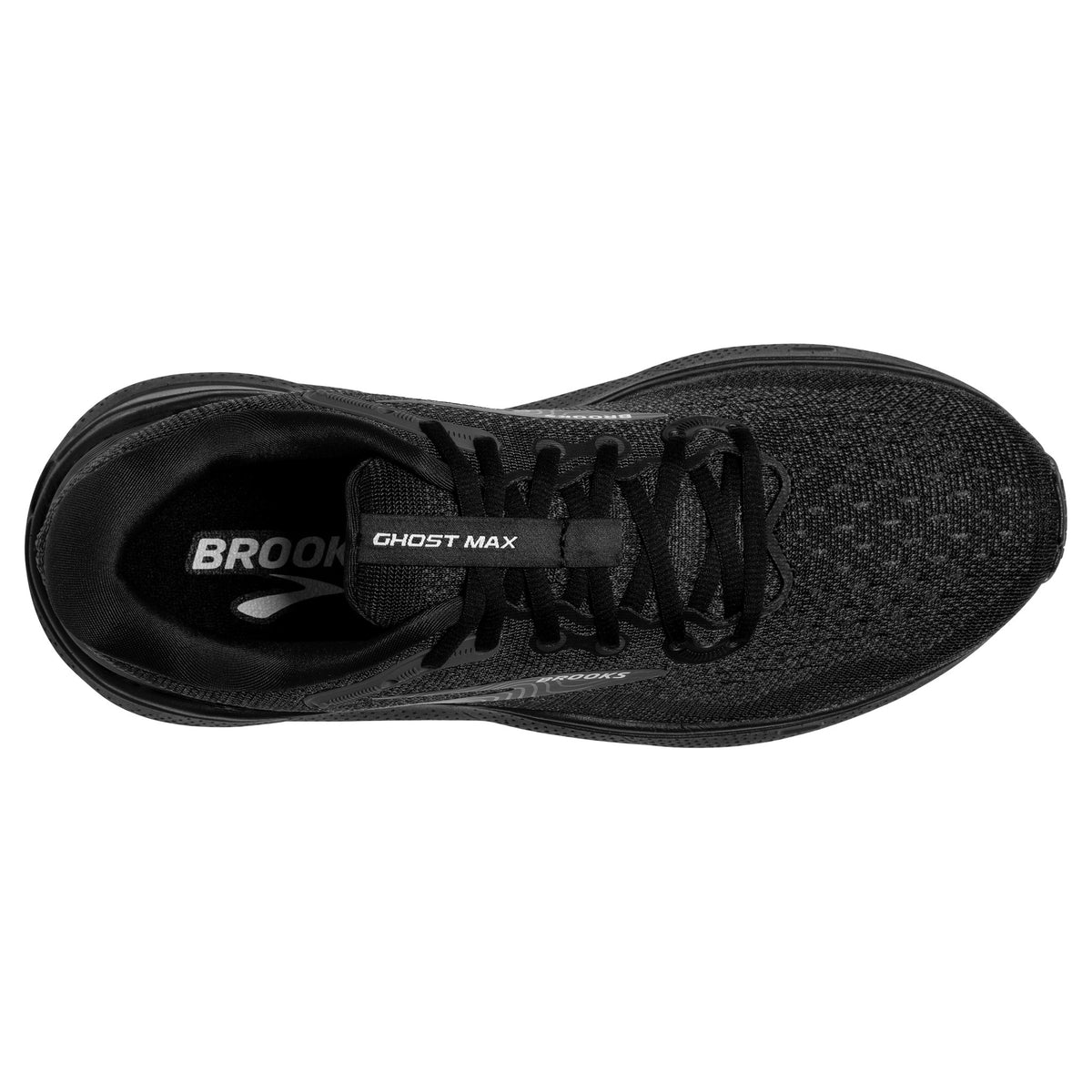 A top view of a single Brooks Ghost Max Black/Black/Ebony running shoe featuring DNA Loft v2 foam.