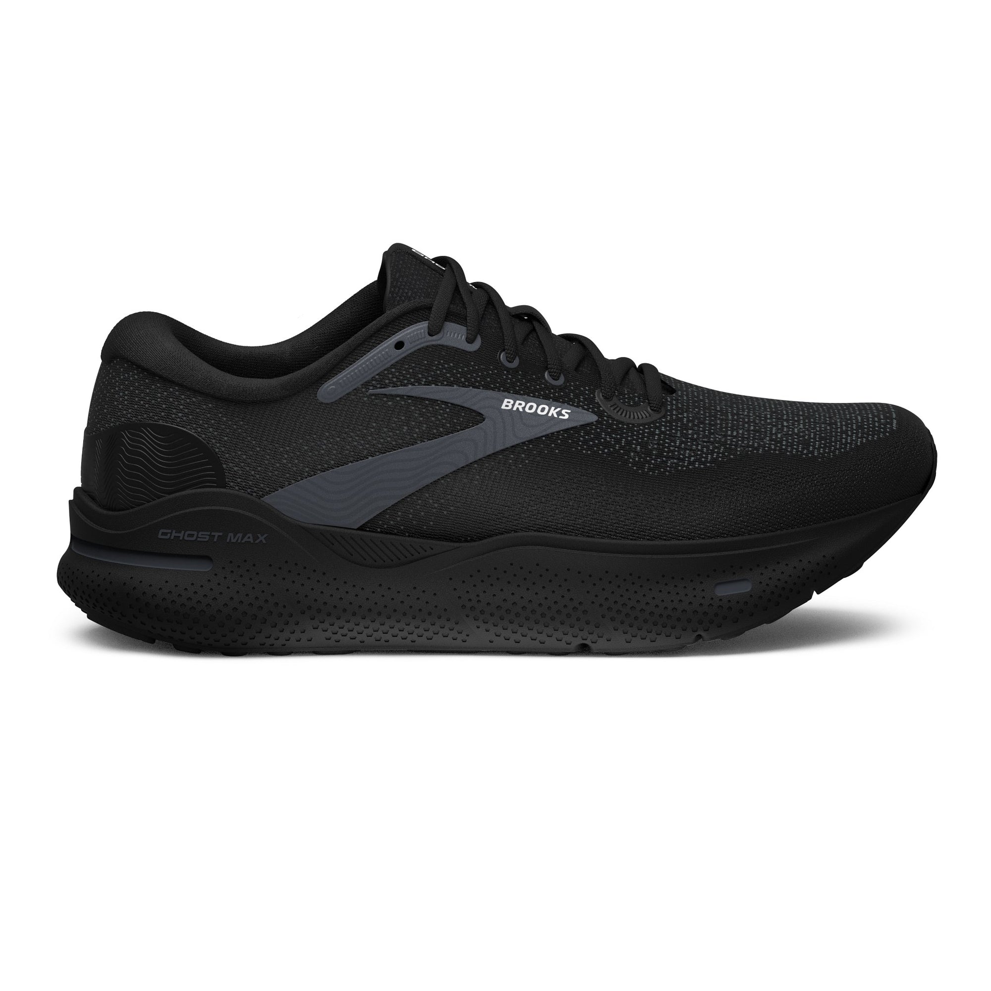 Brooks Ghost Max Black/Black/Ebony running shoe with a sleek design featuring DNA Loft v2 foam and an integrated logo on the side.