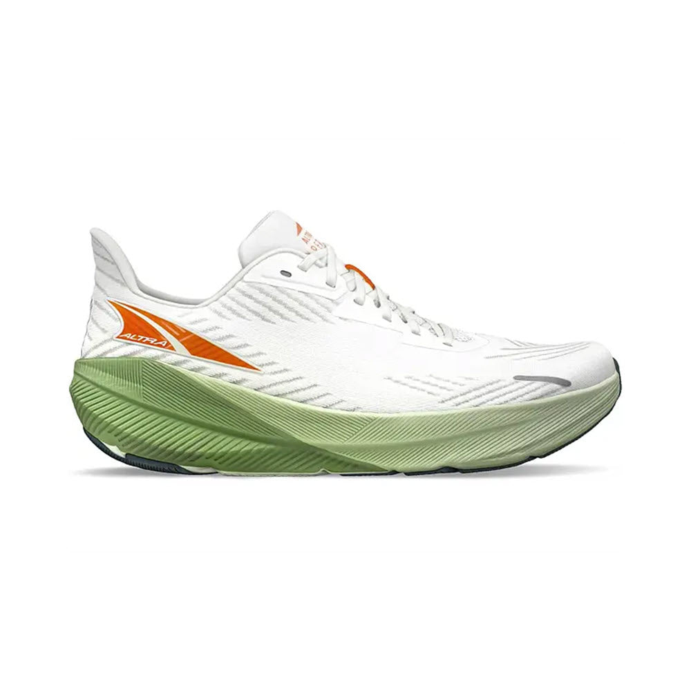 White and green ALTRA ALTRAFWD EXPERIENCE running shoe with a prominent brand logo on the side, designed with a thick, textured sole and orange accents, featuring a FootShape toe box.