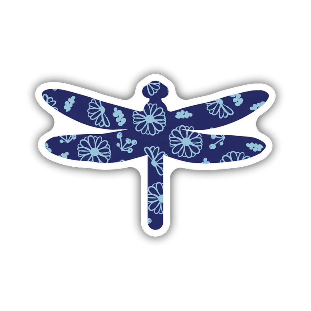 Stickers Northwest Dragonfly Blue sticker, depicting a floral dragonfly silhouette filled with white floral patterns on a navy blue background, with a white outline.