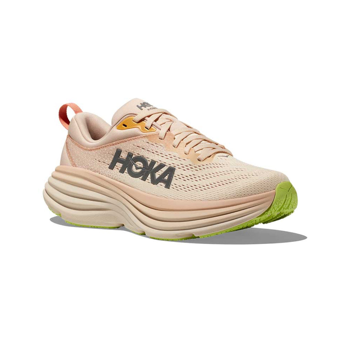 A single HOKA BONDI 8 CREAM/VANILLA - WOMEN running shoe with an ultra-cushioned sole displayed against a white background.