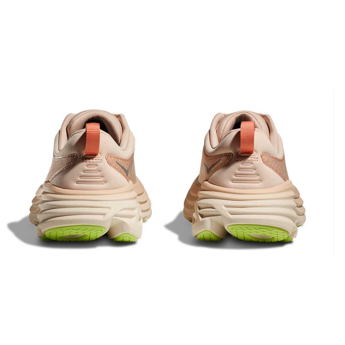 Pair of beige Hoka Bondi 8 sneakers with vibrant green soles and orange pull tabs, featuring ultra-cushioned shoes awarded the APMA Seal of Acceptance.