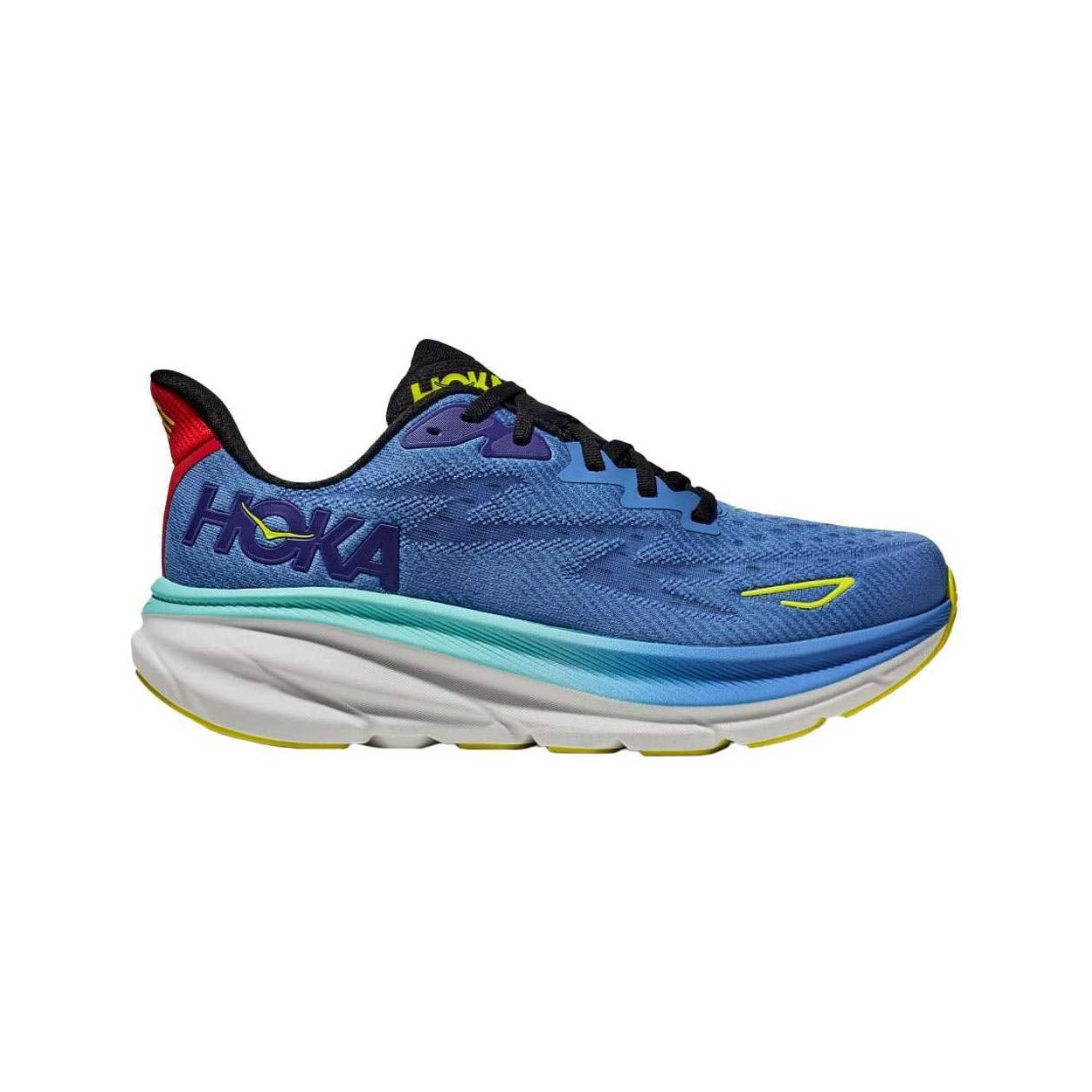 Blue and white HOKA Clifton 9 running shoe with teal accents and visible brand logos on side and heel.