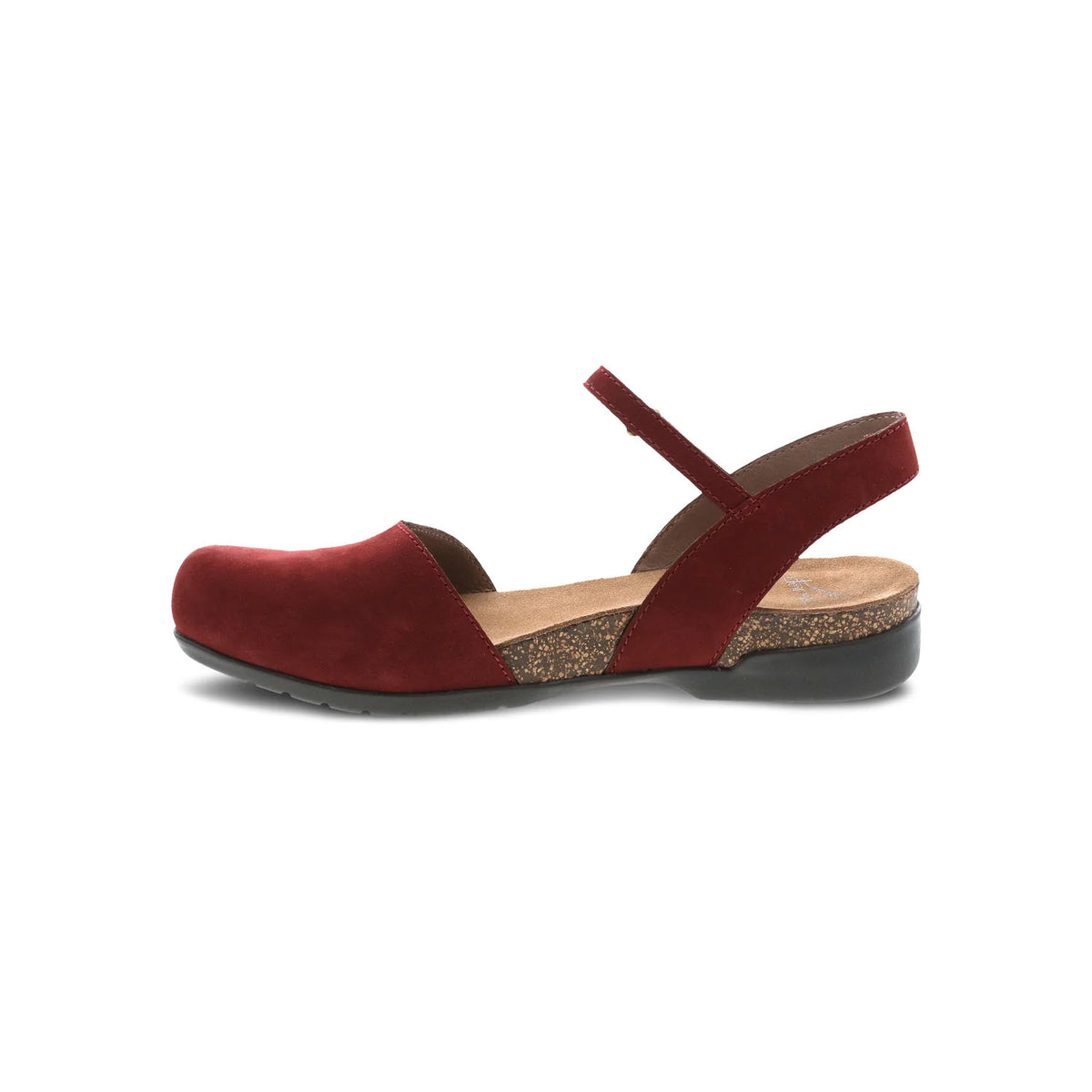 A red women&#39;s casual sandal with an ankle strap and a low heel, featuring a cork footbed, displayed against a white background. This is the Dansko Rowan Cinnabar - Womens.