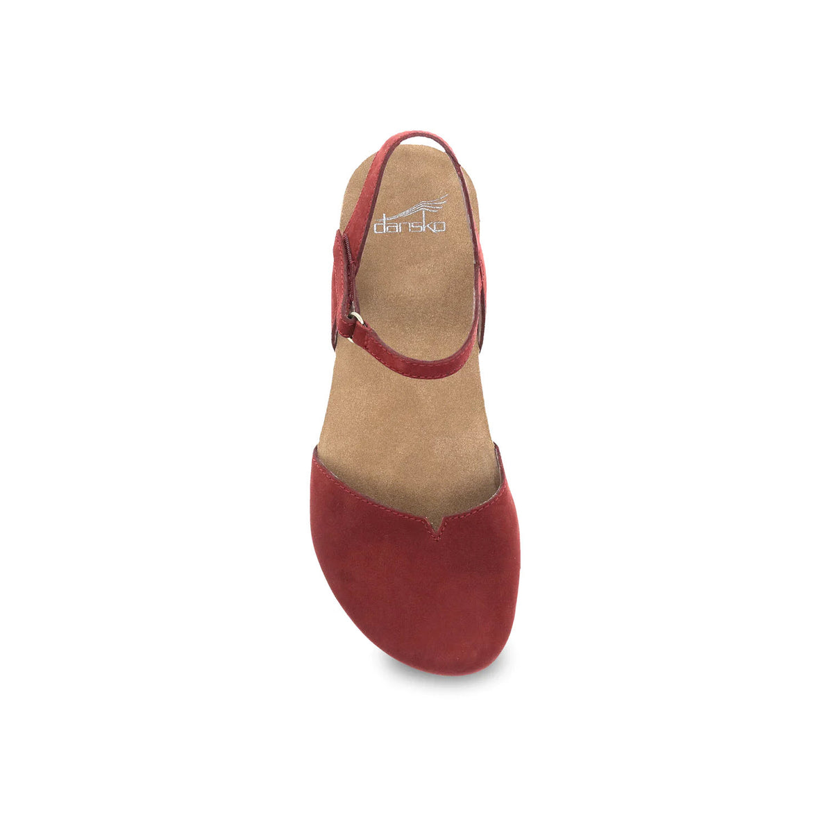 Dansko Rowan Cinnabar - Womens suede closed-toe t-strap shoe with a buckle, viewed from the front, isolated on a white background.