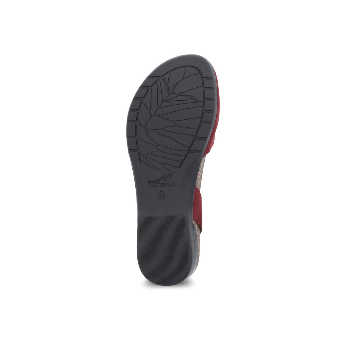 Sole of a shoe displaying a black tread pattern with a red accent, marked with the Dansko logo on a cork midsole featuring the Dansko Rowan Cinnabar - Womens.