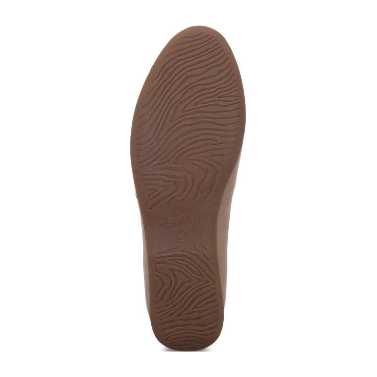 Brown Dansko Larisa Taupe slip-on flat sole with textured pattern and brand logo.
