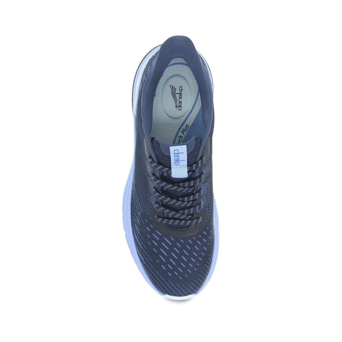 A single Dansko Peony Navy - Womens walking sneaker with arch support and a white sole, viewed from the front, displayed against a white background.