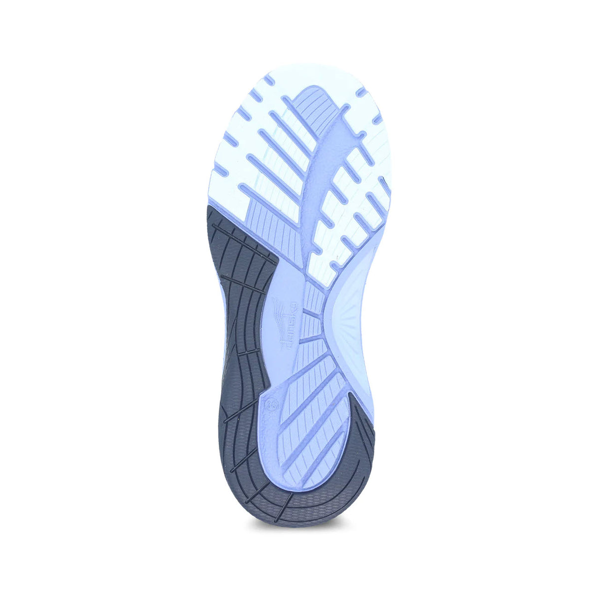 A photo of the sole of a walking sneaker, showing a dual-tone tread design in gray and blue with Dansko Natural Arch Plus technology, isolated on a white background.