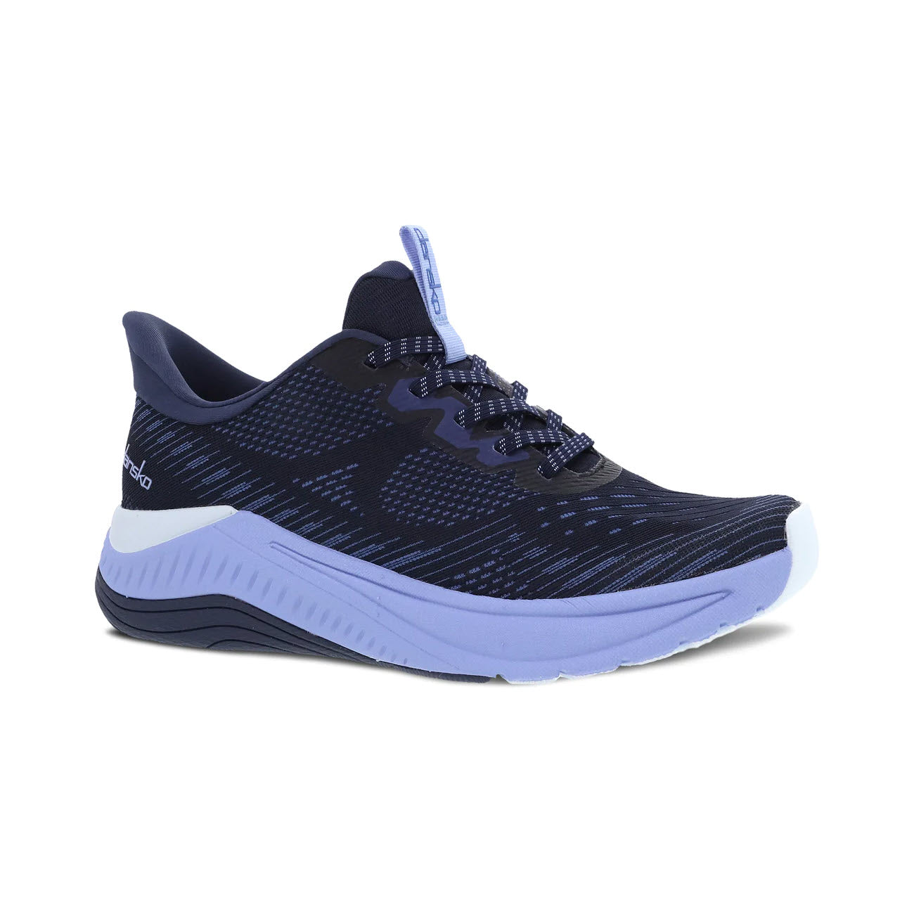 A single black and blue athletic walking sneaker with a white sole and lace-up closure, featuring Dansko Natural Arch Plus technology for enhanced arch support, displayed against a white background.