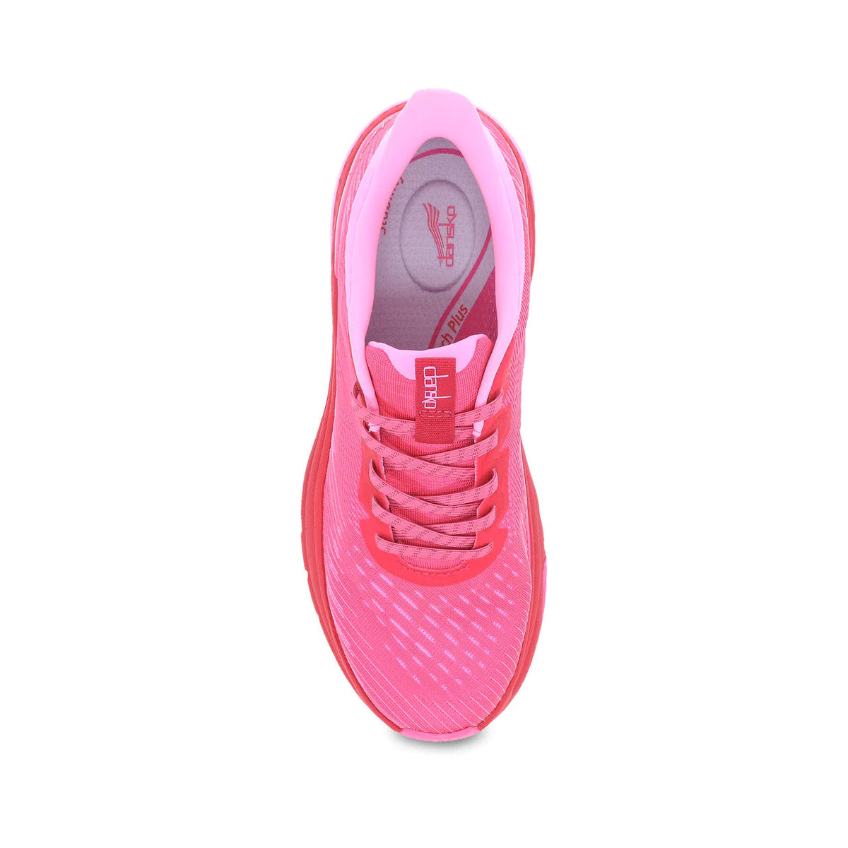Bright pink high-performance walking sneaker with dotted design, displayed from a top view on a white background - Dansko Peony Hot Pink - Womens.