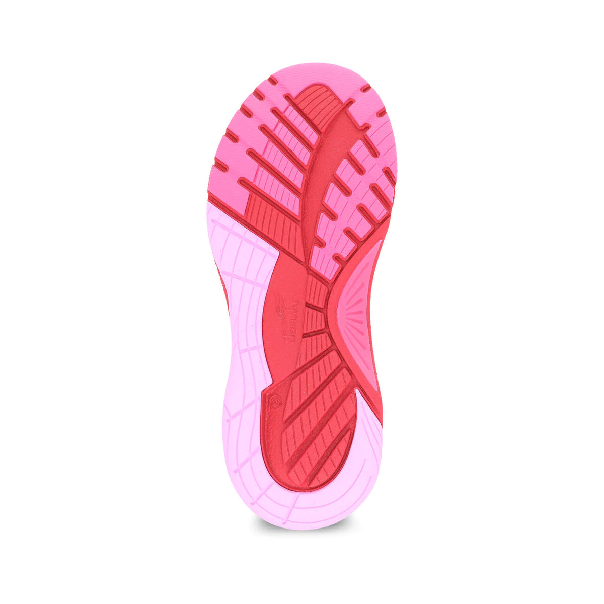 Red rubber sole of a high-performance DANSKO PEONY HOT PINK - WOMENS walking sneaker with a textured design and brand markings visible.