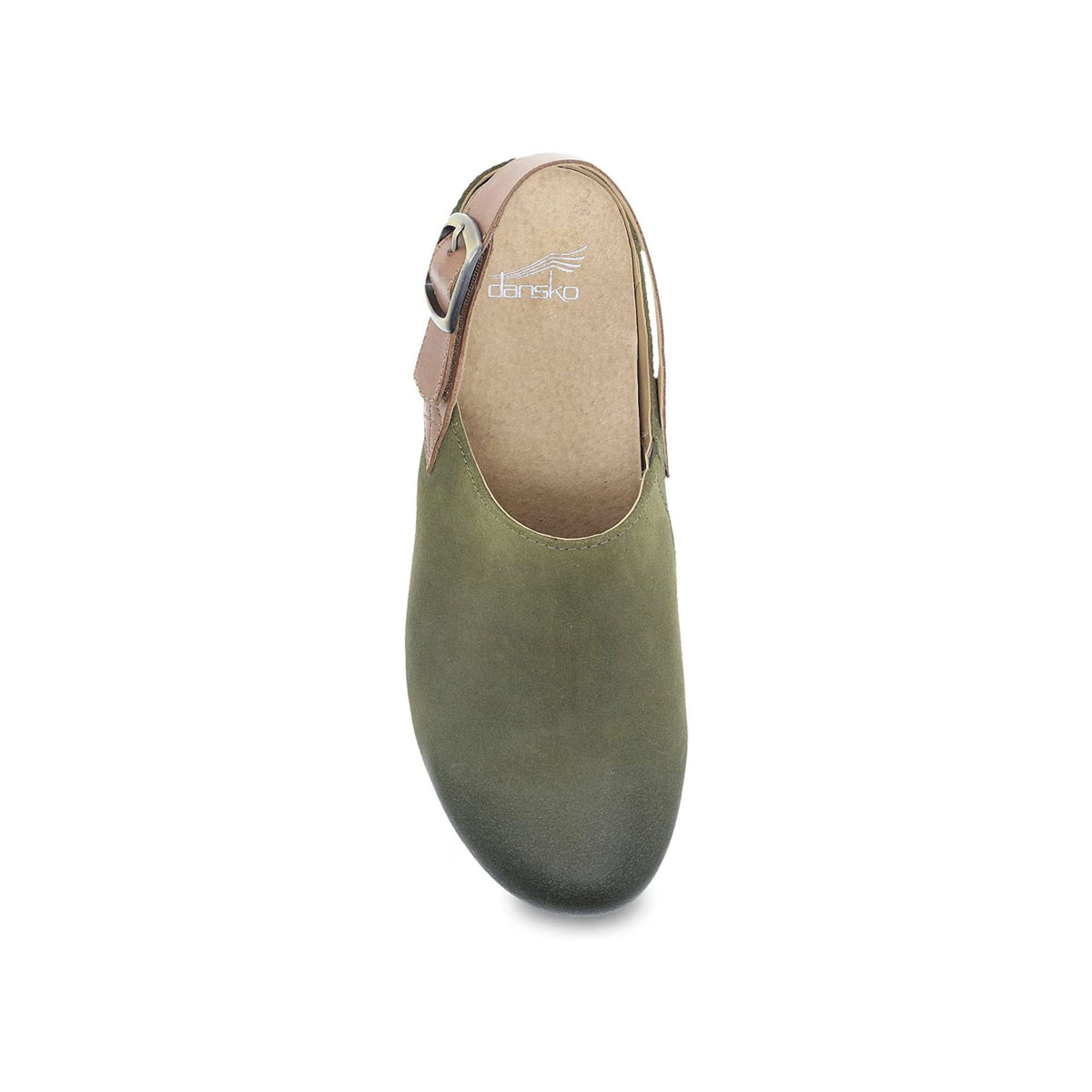 Dansko olive green suede clog with hook-and-loop ankle strap and rounded toe, viewed from above on a white background.