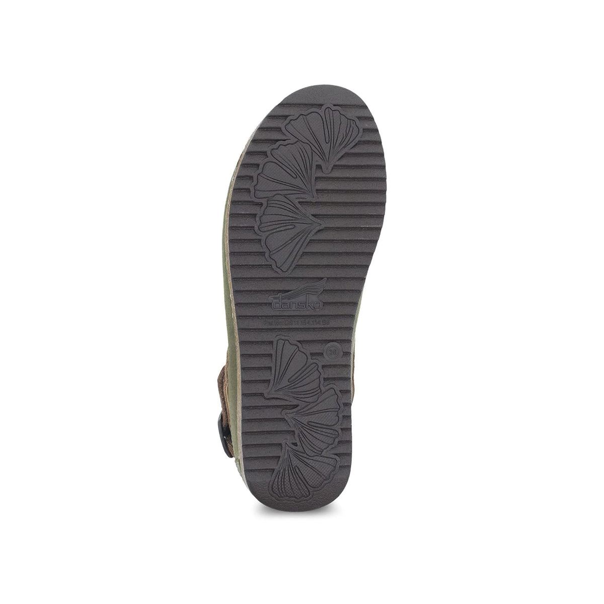 Bottom view of a single Dansko Merrin Olive shoe showing the tread pattern on a plain white background.
