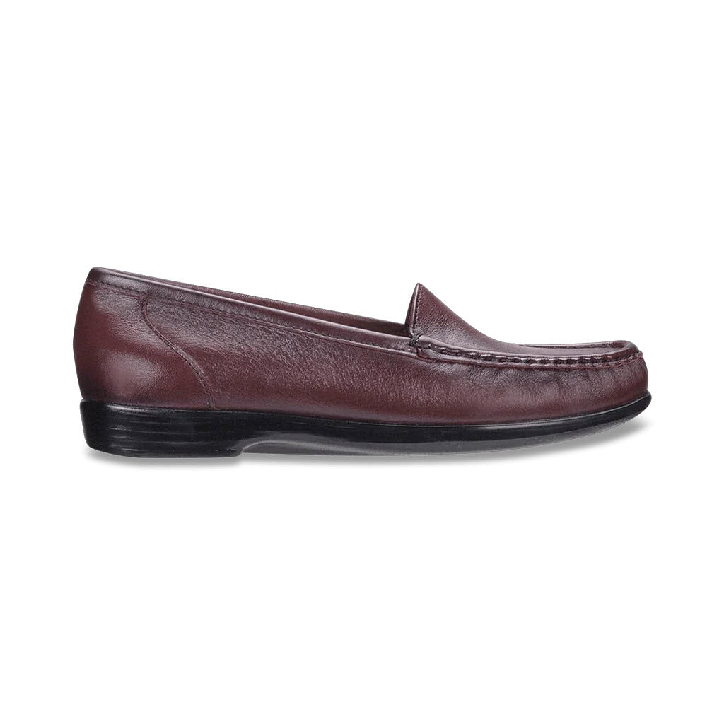 A single antique wine leather slip-on moccasin loafer with black soles on a white background.