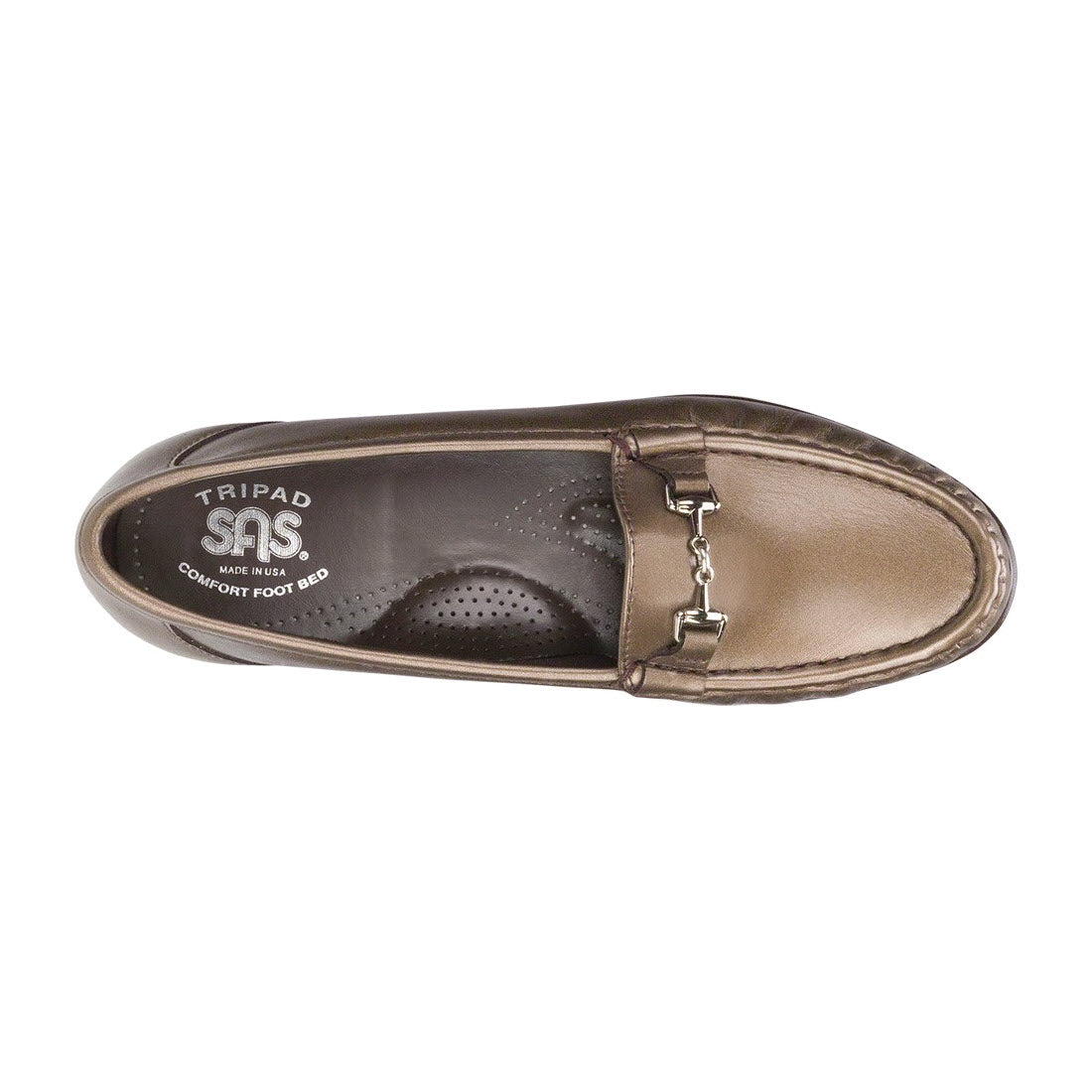 A single brown leather loafer with a metal embellishment on top, showcasing a comfortable SAS® Tripad® Cushion insole labeled &quot;tripad SAS comfort foot pad. - SAS METRO BRONZE - WOMENS