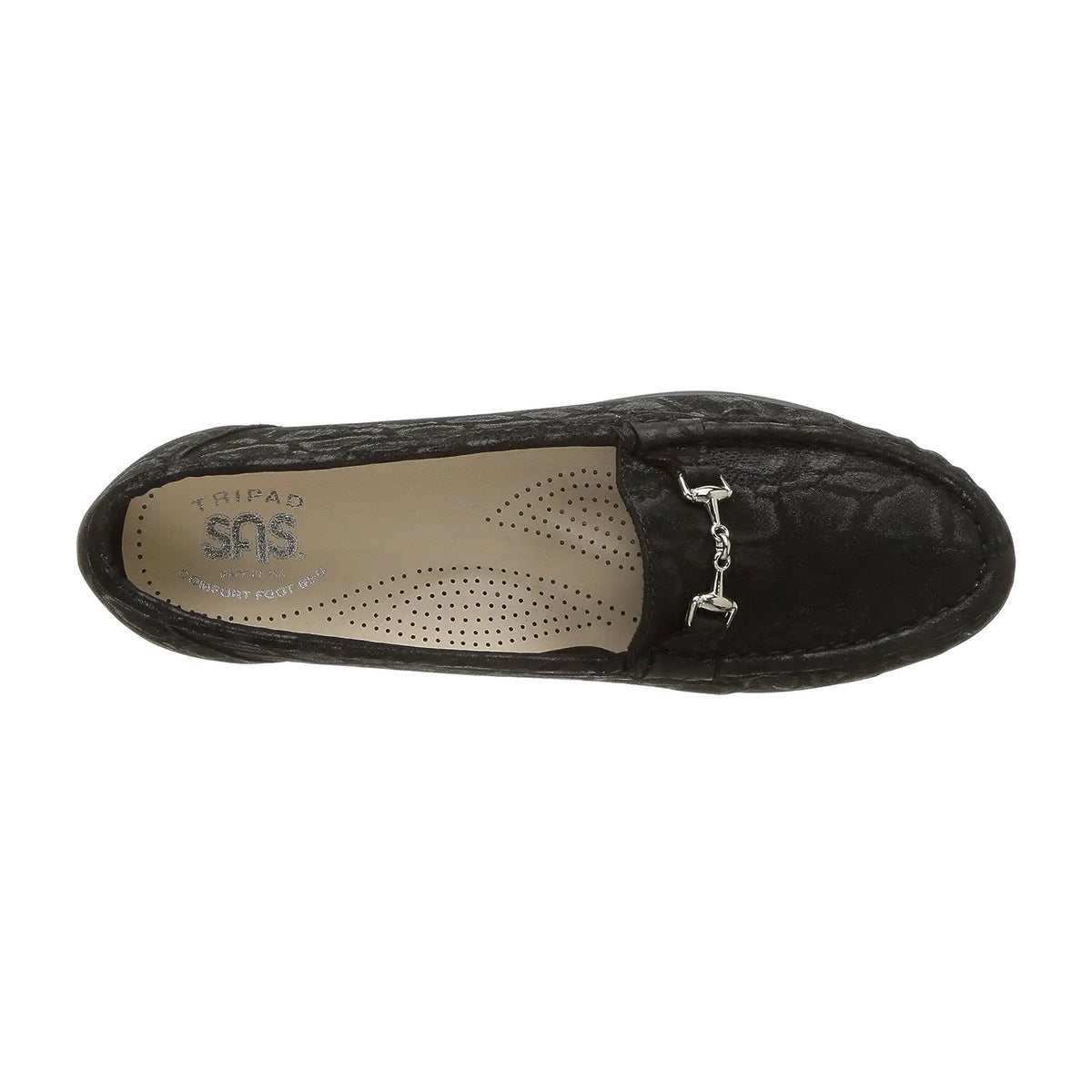 Top view of a black leather SAS METRO NERO SNAKE slip-on loafer displaying its insole and a visible brand label &quot;tripad.