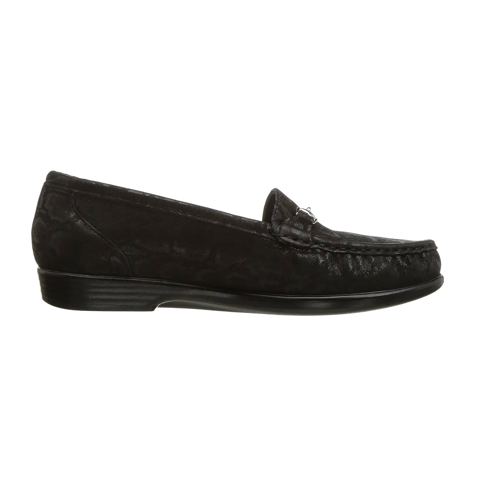 Side view of a black leather men's loafer with a tassel on an isolated white background, featuring SAS Metro Nero Snake slip-on design.