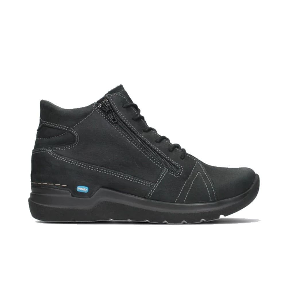 Wolky antique nubuck black women's ankle-high hiking boot with laces and a side zipper, featuring a blue logo on the side.