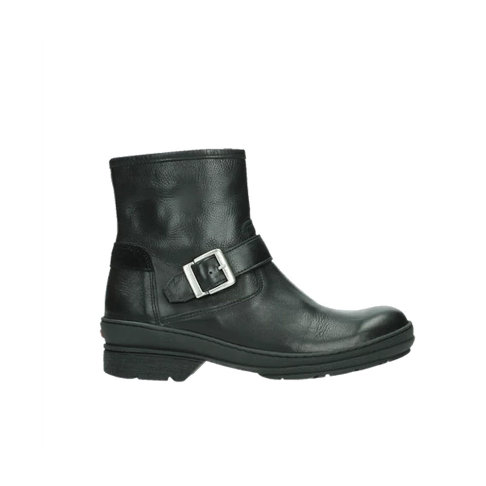 Wolky black leather ankle boot with a buckle strap and removable insole, isolated on a white background.