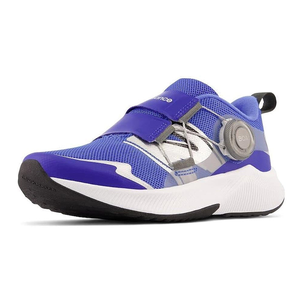 Blue and white New Balance kids&#39; running shoes with a BOA® Performance Fit System and prominent branding on the side.