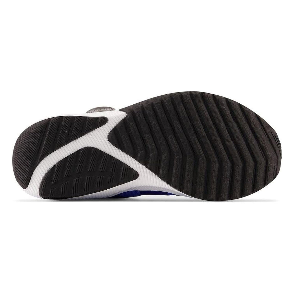 Bottom view of a kids&#39; New Balance running shoe featuring a patterned black and white rubber sole with a small blue accent and equipped with the BOA® Performance Fit System.