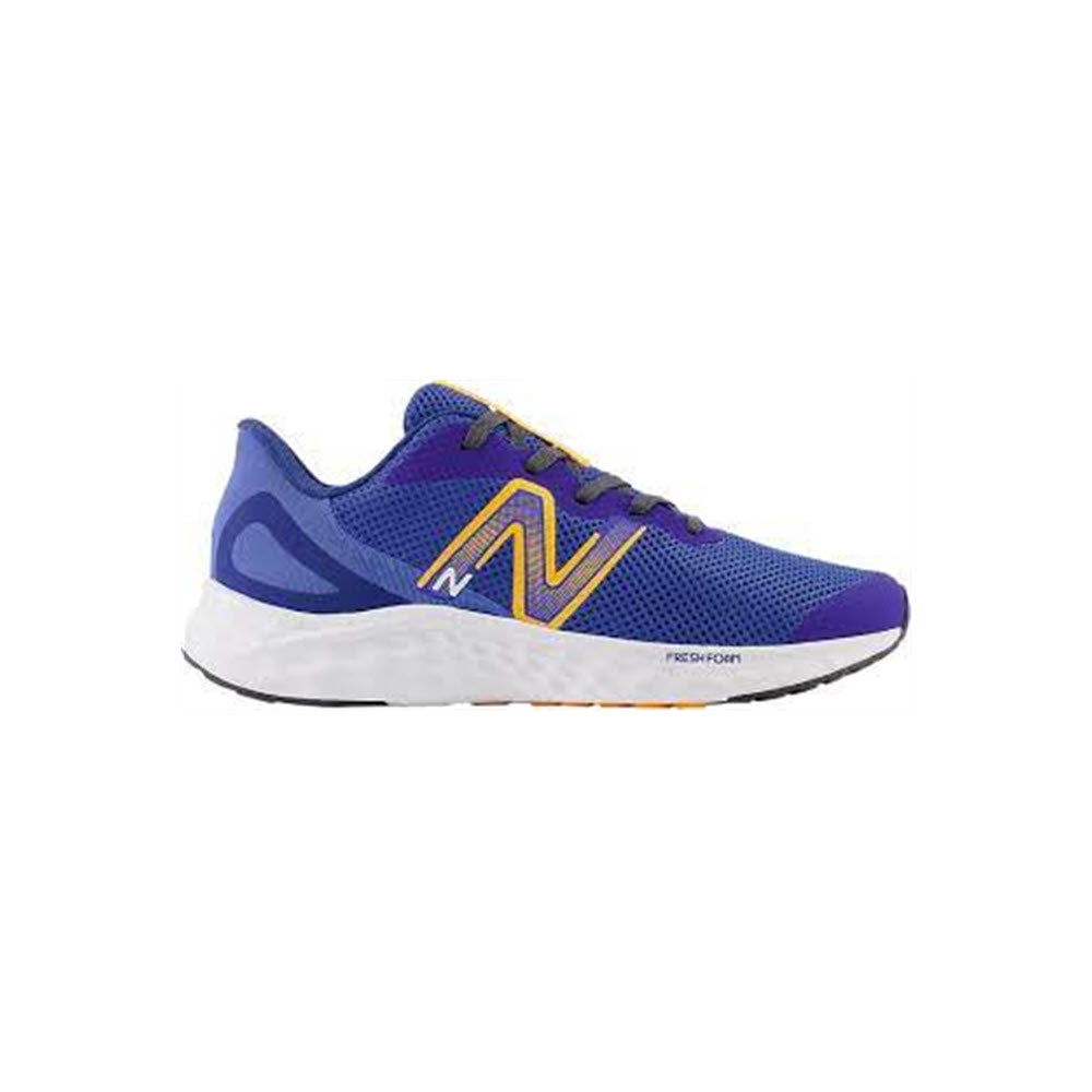 Sentence with the replaced product name and brand name: A blue New Balance Fresh Foam Arishi v4 marine blue athletic shoe with a prominent orange &quot;n&quot; logo on the side, a white midsole, and a patterned sole.