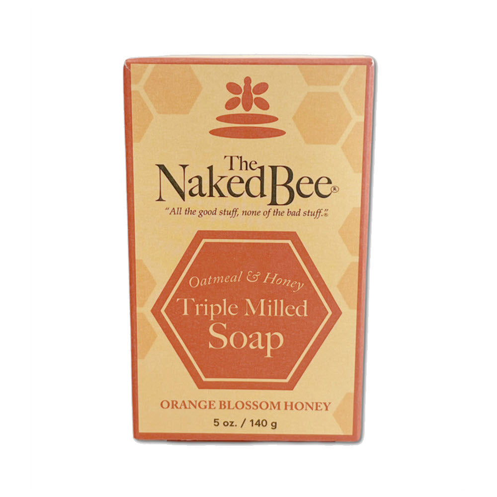 A package of the Naked Bee Triple Milled Soap Orange, labeled as triple milled and oatmeal & honey, weighing 5 oz./140 g.