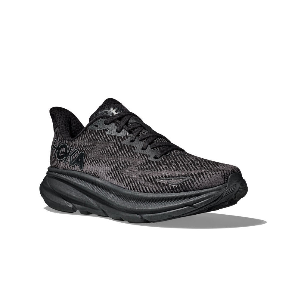 A single black Hoka Clifton 9 GTX running shoe with an improved outsole design and thick sole, displayed on a white background.