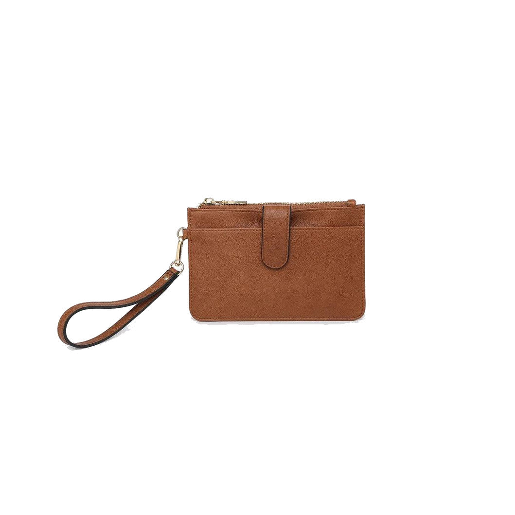 A small, Jen & Co. brown leather Pearl Wallet with a zipper on top and a visible front slip pocket, isolated on a white background.