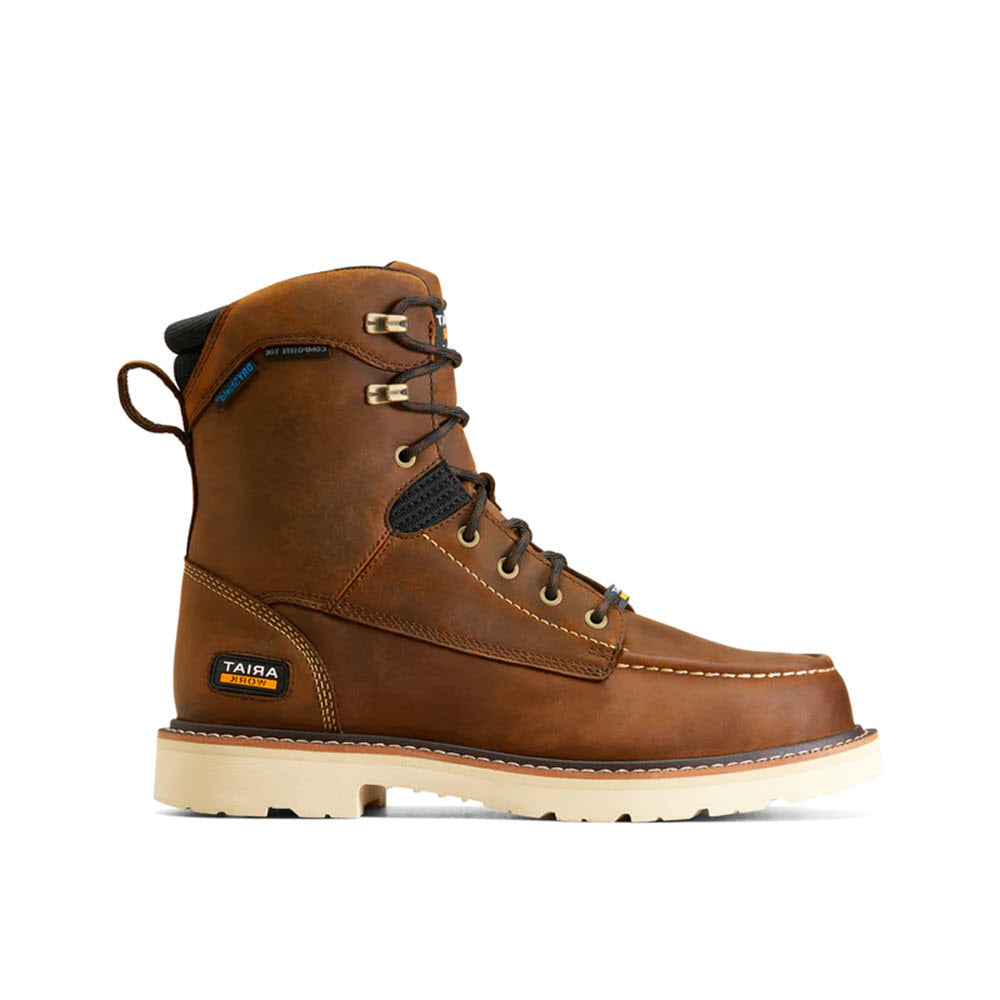 Brown leather Ariat Safety Toe Rebar Lift H2O work boot with visible stitching and laces on a white background.