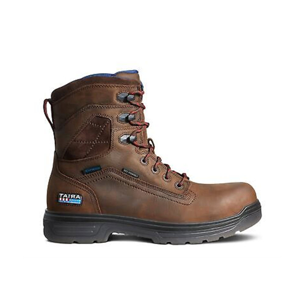 Ariat Brown leather work boot with blue accents and a rugged sole, featuring DRYShield waterproof-breathable technology, isolated on a white background.