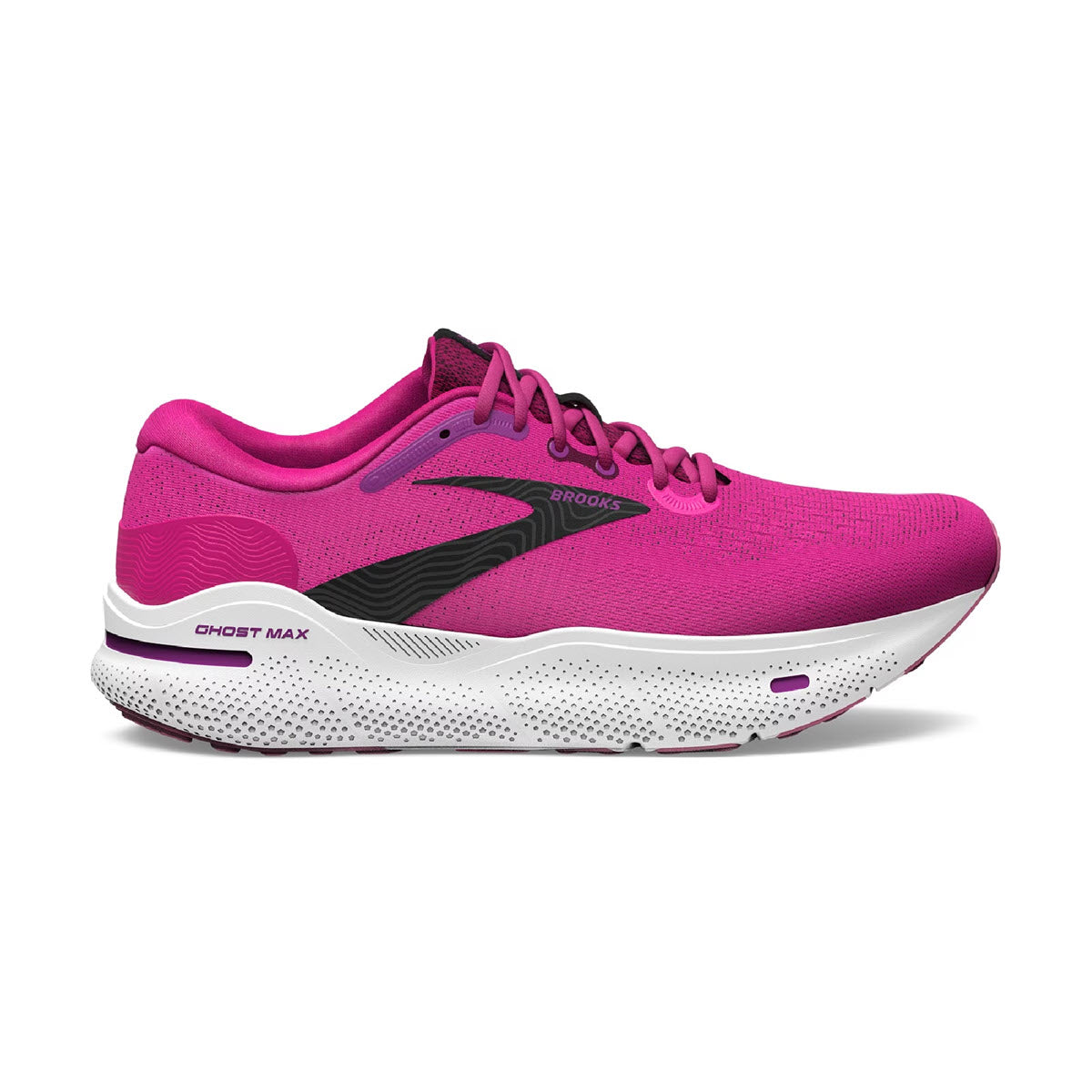 A single pink Brooks Ghost Max running shoe featuring DNA Loft v2 foam and a black logo on the side, set against a white background.