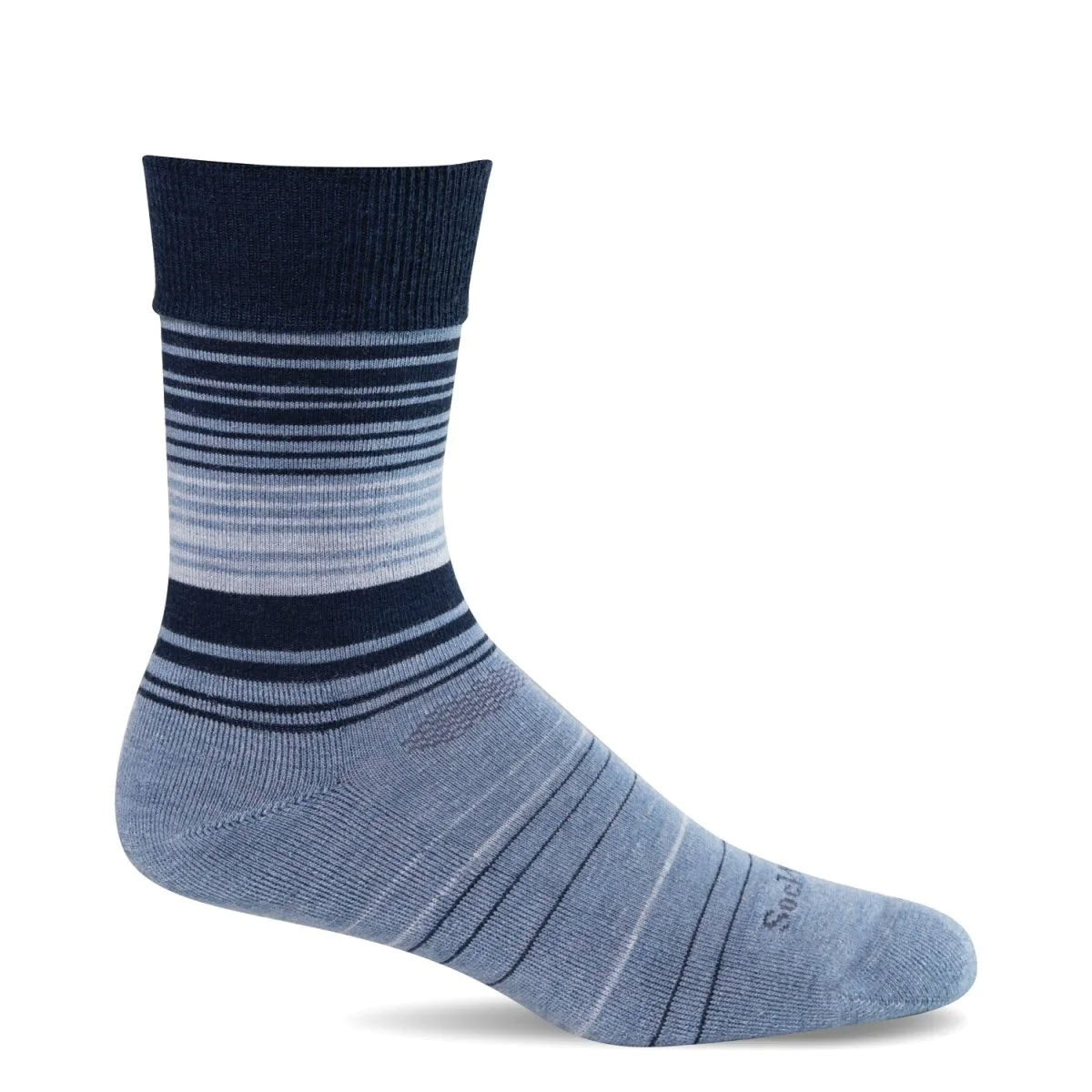 A single grey and navy striped Sockwell Easy Does It crew sock with a non-binding top against a white background.