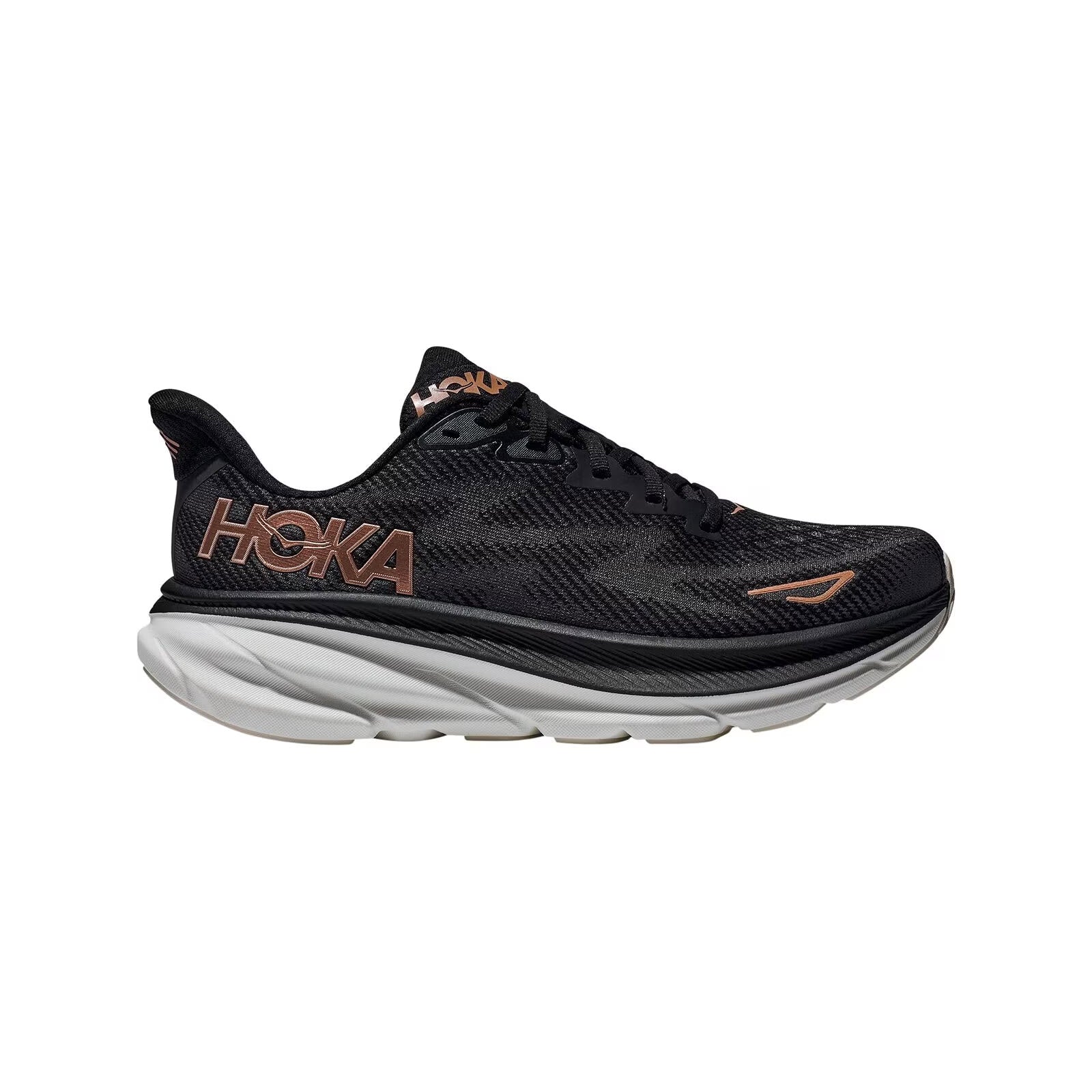 Black and white Hoka Clifton 9 running shoe, featuring a prominent logo and a streamlined design, isolated on a white background.