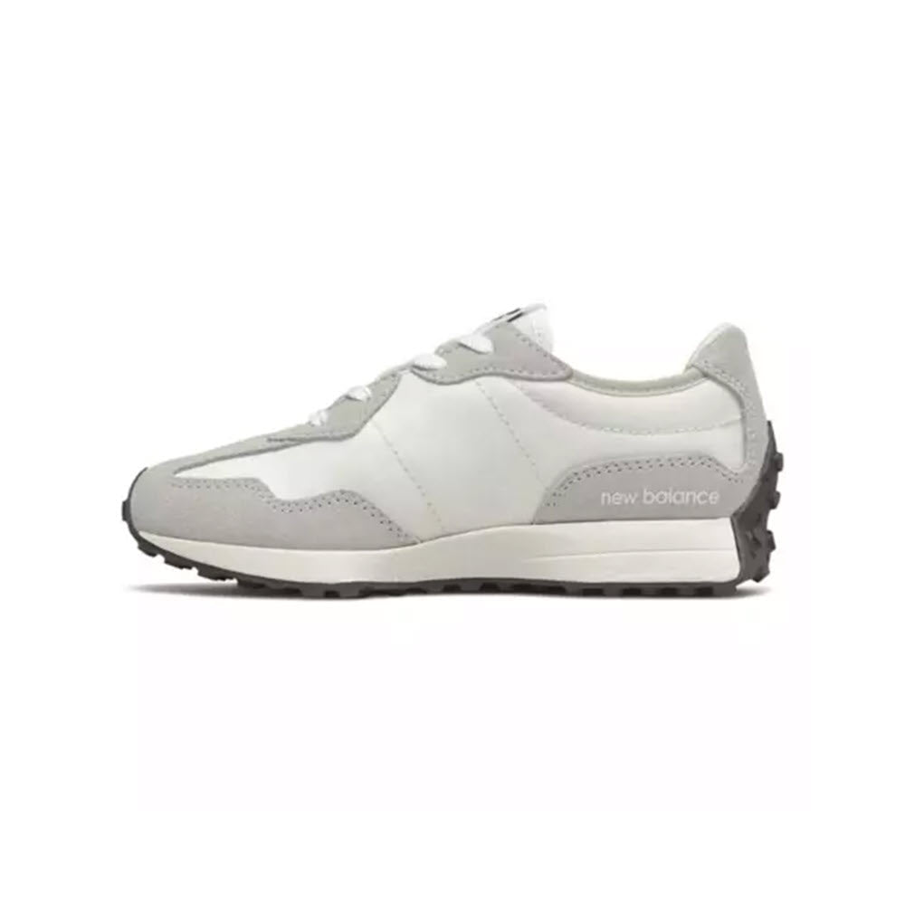 A single New Balance 327 SILVER BIRCH sneaker, primarily white with gray accents, displayed against a white background.