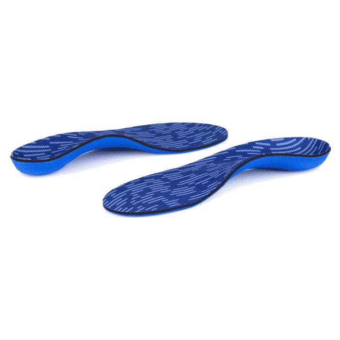 A pair of Powerstep Pinnacle High Arch Replacement Insoles designed for arch pain relief on a white background.