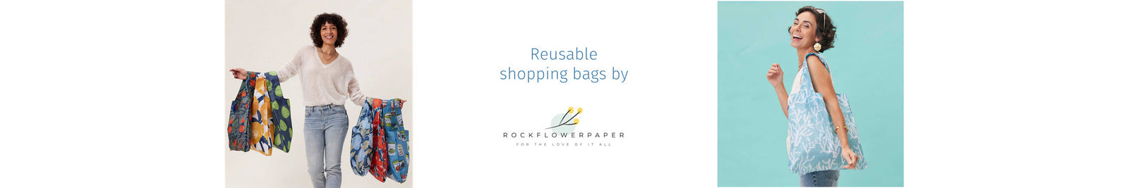 Two women holding reusable shopping bags, with a central promotional banner for "reusable shopping bags by ecolifeforever".